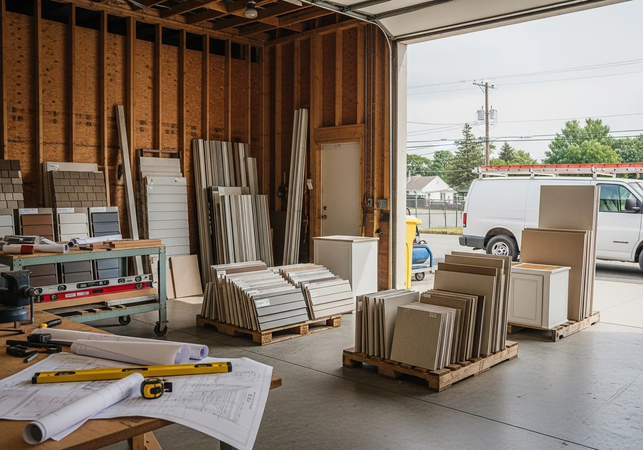 Construction crew and tools on a residential job site, ready for home renovation work.