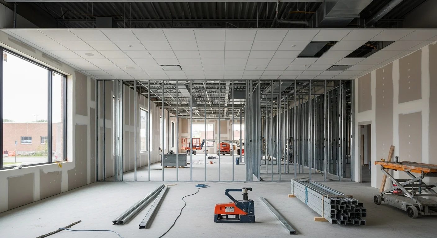 Commercial construction project with steel framing and professional workers