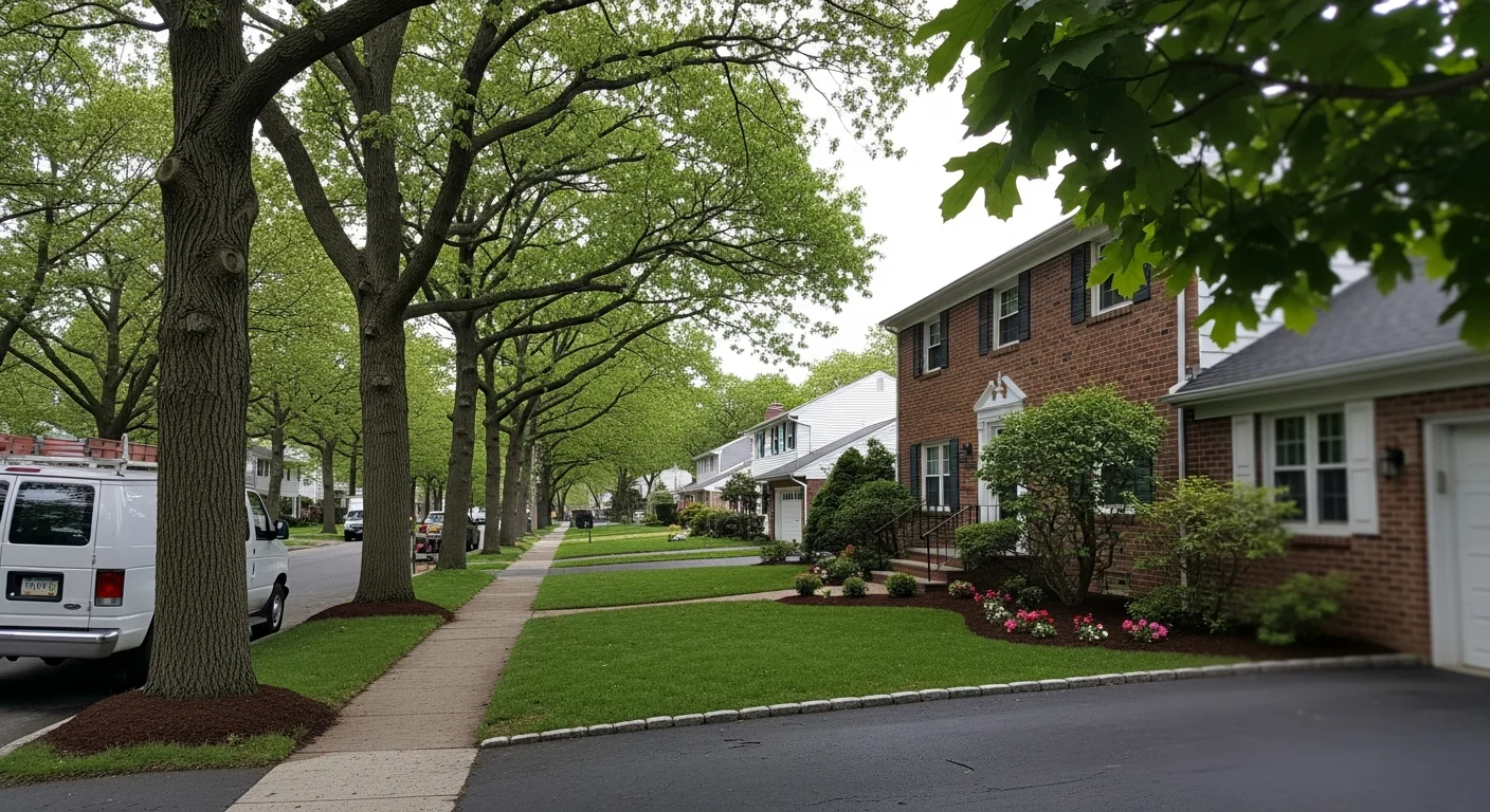Residential street in Holbrook with well-maintained homes and mature trees lining the sidewalk.