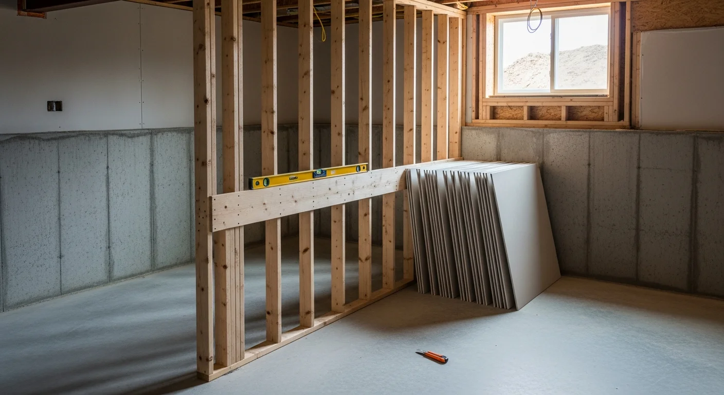Finished basement in a Holbrook, New York home featuring recessed lighting, drywall walls, and wood-look flooring converted from an unfinished lower level. Greco Construction basement remodeling project in Suffolk County showing a clean, livable family room layout.