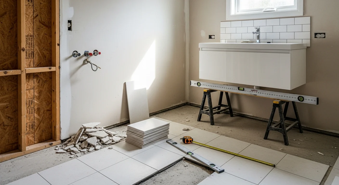 A fully remodeled bathroom in a Holbrook, NY single-family home featuring new floor tile, a updated vanity, and a tiled walk-in shower. The space reflects a clean, functional layout typical of a Suffolk County home renovation completed by Greco Construction.