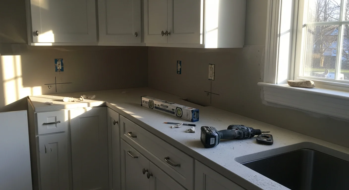 Newly installed wood-tone base and wall cabinets in a Holbrook, NY kitchen with a clean layout and aligned cabinet doors. Cabinet runs follow the perimeter of a mid-sized eat-in kitchen typical of Suffolk County ranch-style homes.