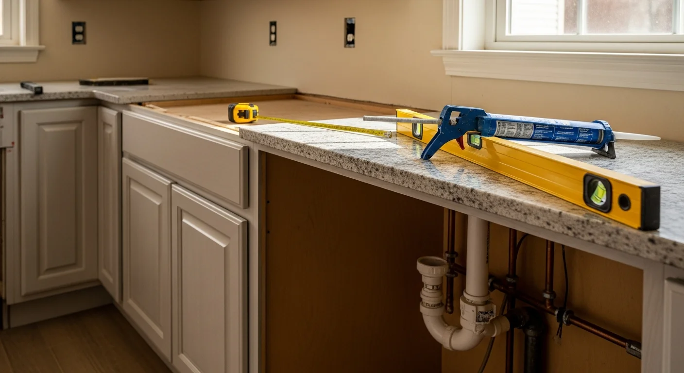 Newly installed kitchen countertop with clean seams and sealed edges in a single-family home in Holbrook, NY. The surface sits flush against the backsplash wall with base cabinets below, showing the finished result of a Greco Construction countertop installation.
