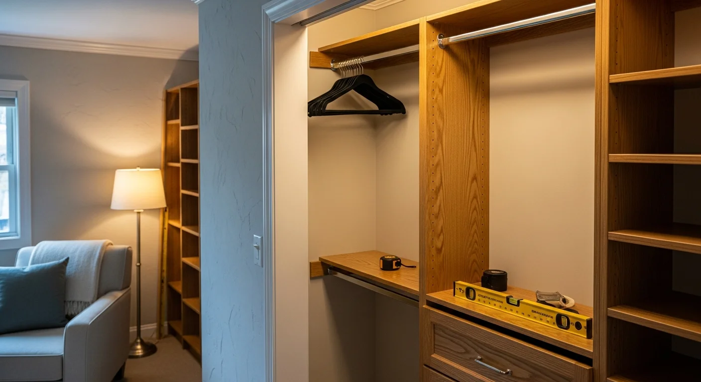 A finished custom walk-in closet installed by Greco Construction in a Holbrook, NY home, showing built-in shelving, double hanging rods, and organized storage sections along three walls. The closet is photographed from the doorway to show the full layout in a residential bedroom setting.