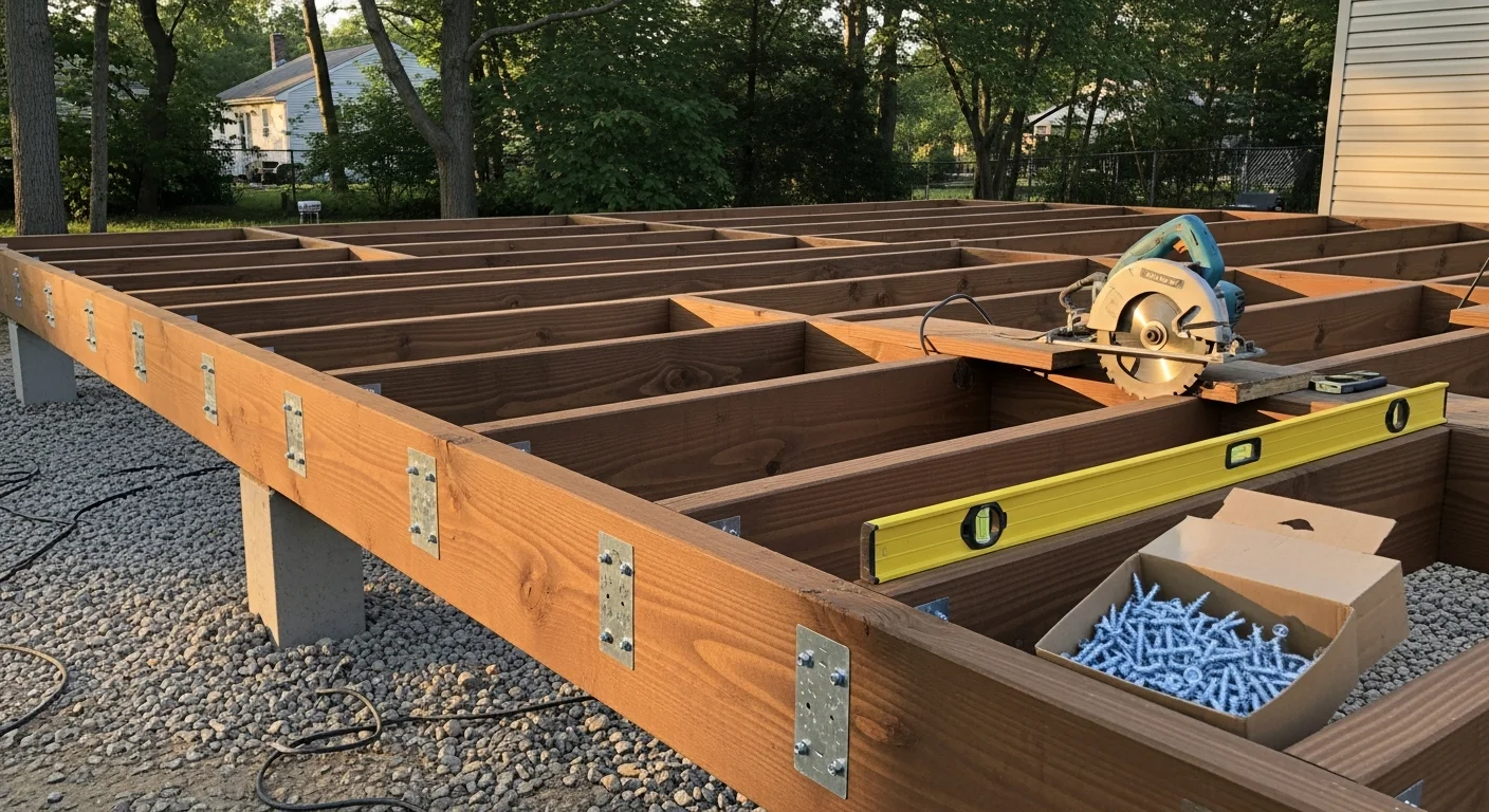A newly built wood-framed deck attached to the back of a single-family home in Holbrook, NY, with code-compliant railings and a clean board layout. The deck extends over a residential backyard on a clear day in Suffolk County.