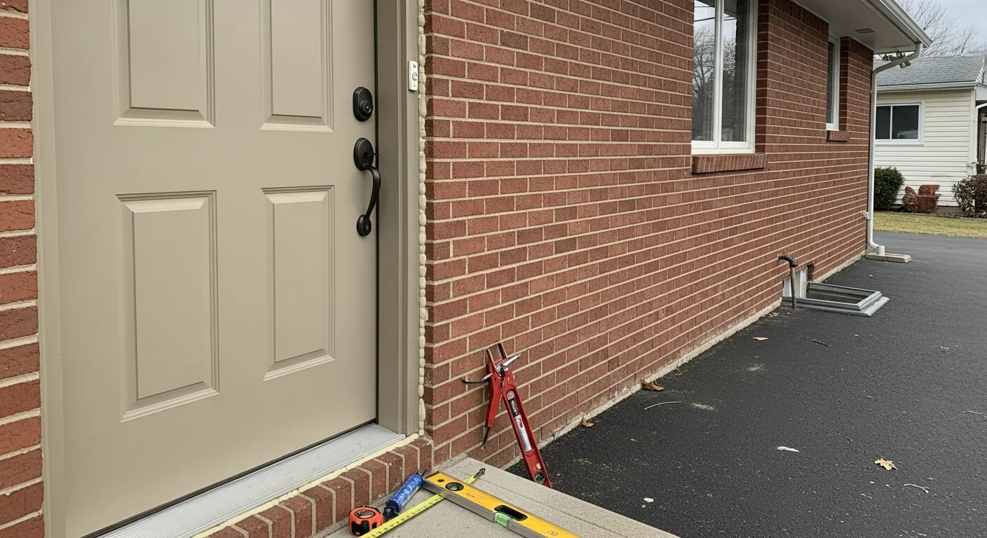 A newly installed exterior front door on a single-family home in Holbrook, NY, with a clean frame, tight weatherstripping, and fresh exterior trim. The door is fully closed and flush with the surrounding siding, showing a finished installation on a suburban Long Island property.