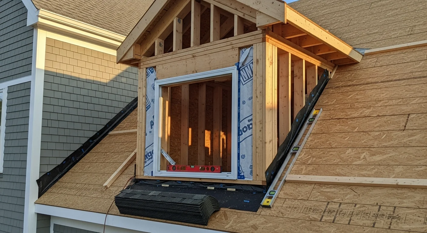 A Holbrook, NY Cape Cod-style home with a newly installed shed dormer extending across the upper roofline, adding a full-height window and expanded living space. The exterior finish matches the existing siding and roofing materials of the original home.