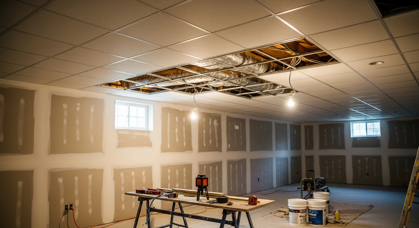 A completed drop ceiling installation in a finished basement in Holbrook, NY, showing a level metal grid system with white acoustic tiles and recessed panel lighting. The ceiling conceals overhead ductwork and wiring in a clean, even interior finish.