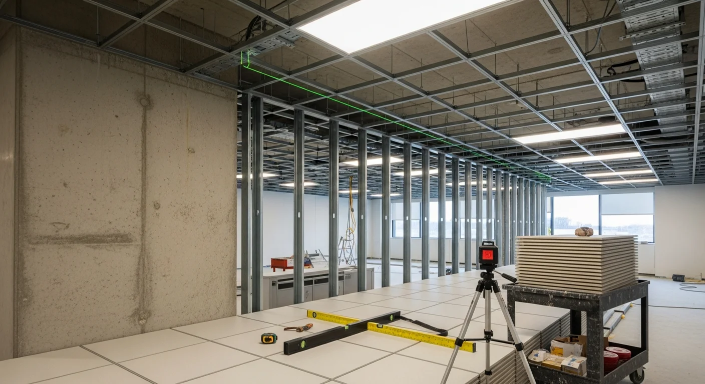 Completed drop ceiling installation in a commercial office space in Holbrook, NY, showing a level metal grid system with fitted acoustic ceiling tiles and recessed lighting. The suspended ceiling conceals overhead ductwork and wiring in a finished, professional interior.