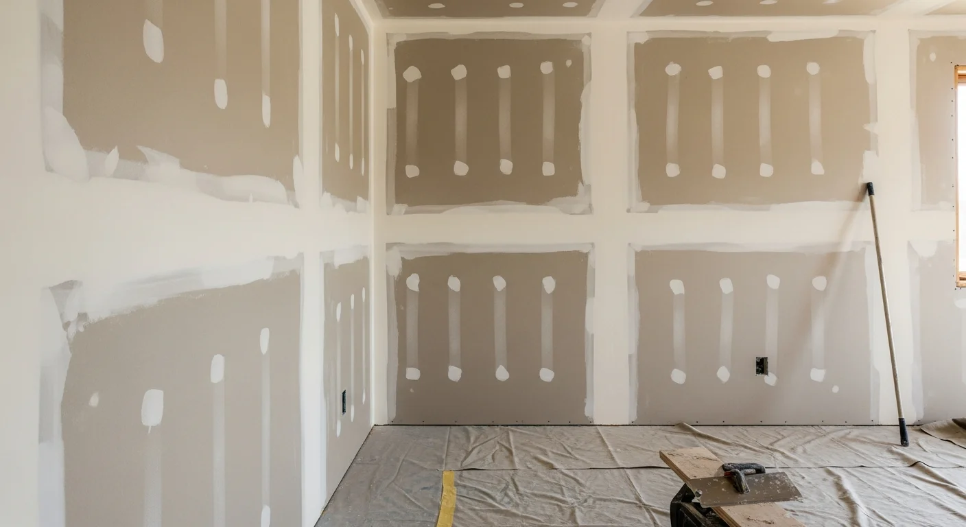 A freshly finished drywall surface inside a Holbrook, NY single-family home, showing smooth, sanded walls with no visible seams, ready for primer and paint. A corner bead runs cleanly along the wall edge in a recently renovated room.