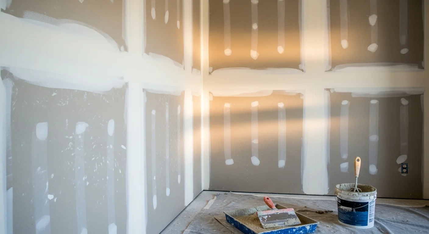 Freshly installed and finish-sanded drywall walls in a Holbrook, NY home addition, with smooth seams and clean corners ready for paint. The room shows even panel alignment across walls and ceiling typical of a mid-century Colonial renovation.