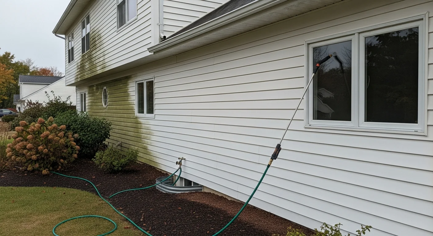 A two-story Holbrook, NY home with clean vinyl siding after professional house washing, showing no visible mold, algae streaks, or dirt buildup. The exterior trim, soffits, and fascia are visibly clear against a residential street backdrop.