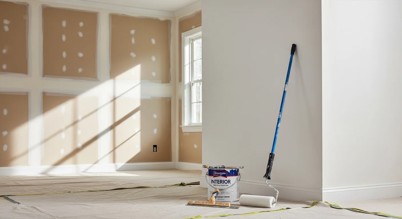 Freshly painted living room interior in a ranch-style home in Holbrook, NY, with smooth white walls, clean trim lines, and even ceiling coverage. The room shows completed drywall repairs and a consistent finish across walls and woodwork.