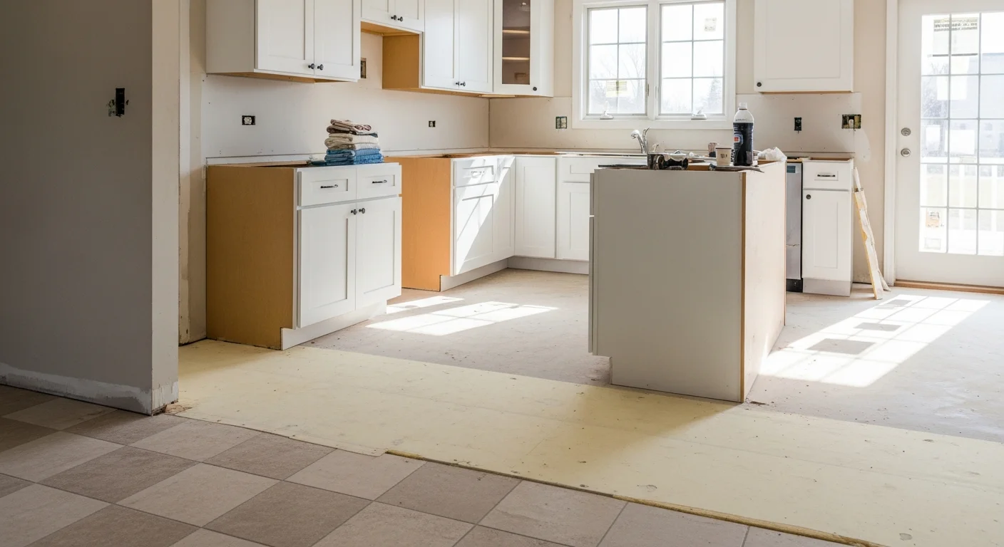 A fully remodeled kitchen inside a Holbrook, NY single-family home, showing new cabinetry, updated countertops, and reconfigured layout work completed by Greco Construction. The space reflects a practical, open design suited to a suburban Suffolk County home.