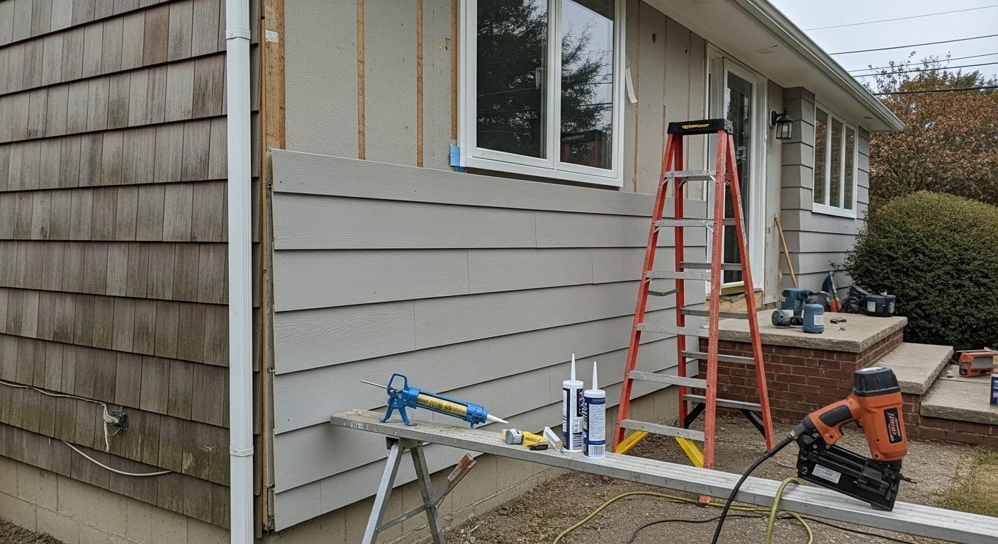 Newly installed siding on a single-family home in Holbrook, NY, showing clean panel lines and sealed corners on a mid-century split-level exterior. The finished installation reflects a tight, weather-ready surface typical of updated Suffolk County residential properties.