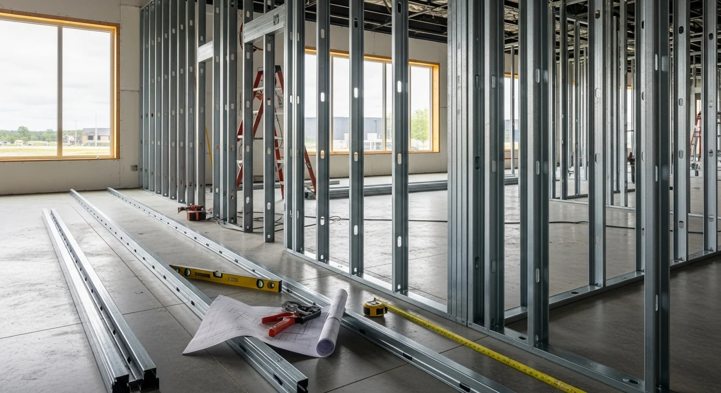 Interior of a commercial building in Holbrook, NY showing a steel stud framing layout with floor track, ceiling track, and vertical studs set for an office partition wall. Concrete slab floor and open ceiling visible in a Suffolk County commercial build-out.