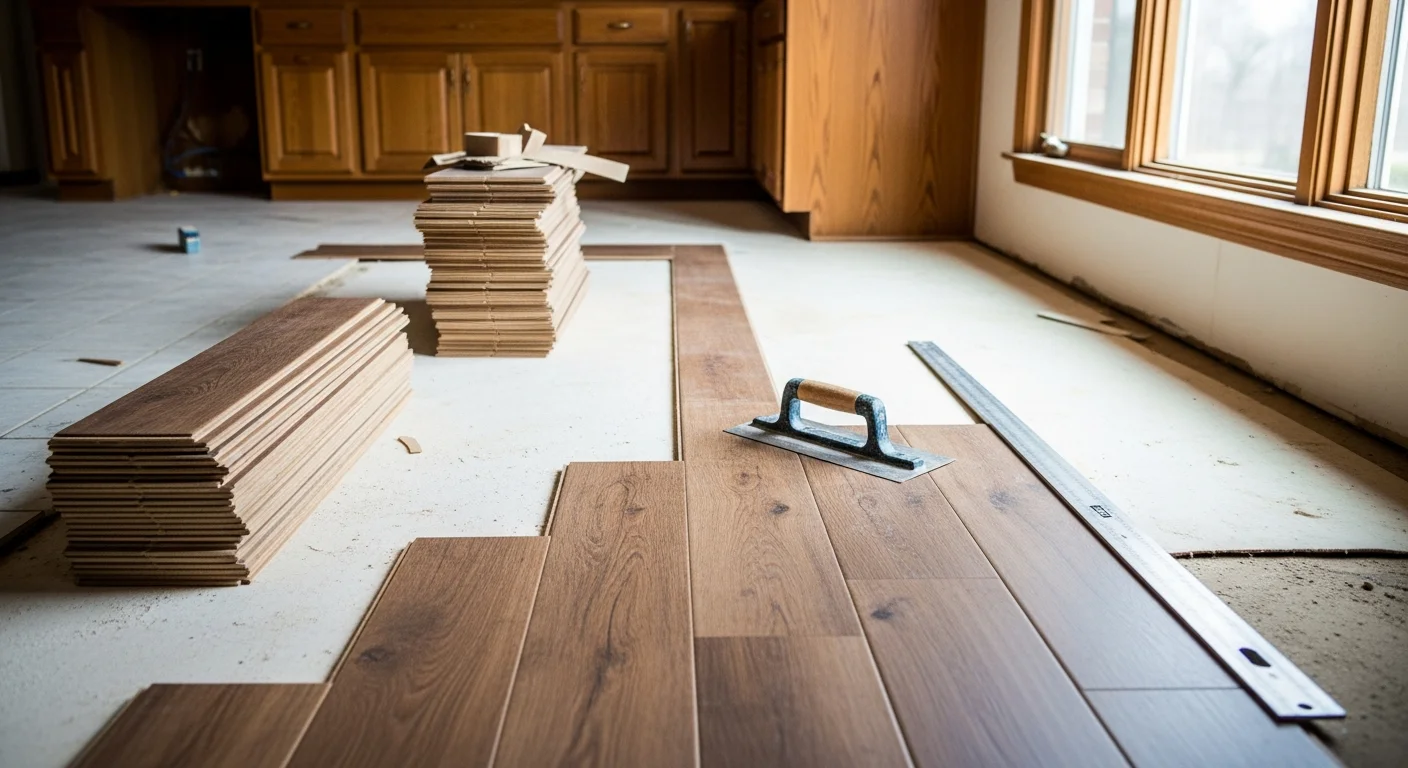 Newly installed vinyl plank flooring in a Holbrook single-family home kitchen, showing clean plank rows running toward a bright window. The floor surface is smooth and even with no visible seams at the room edges.