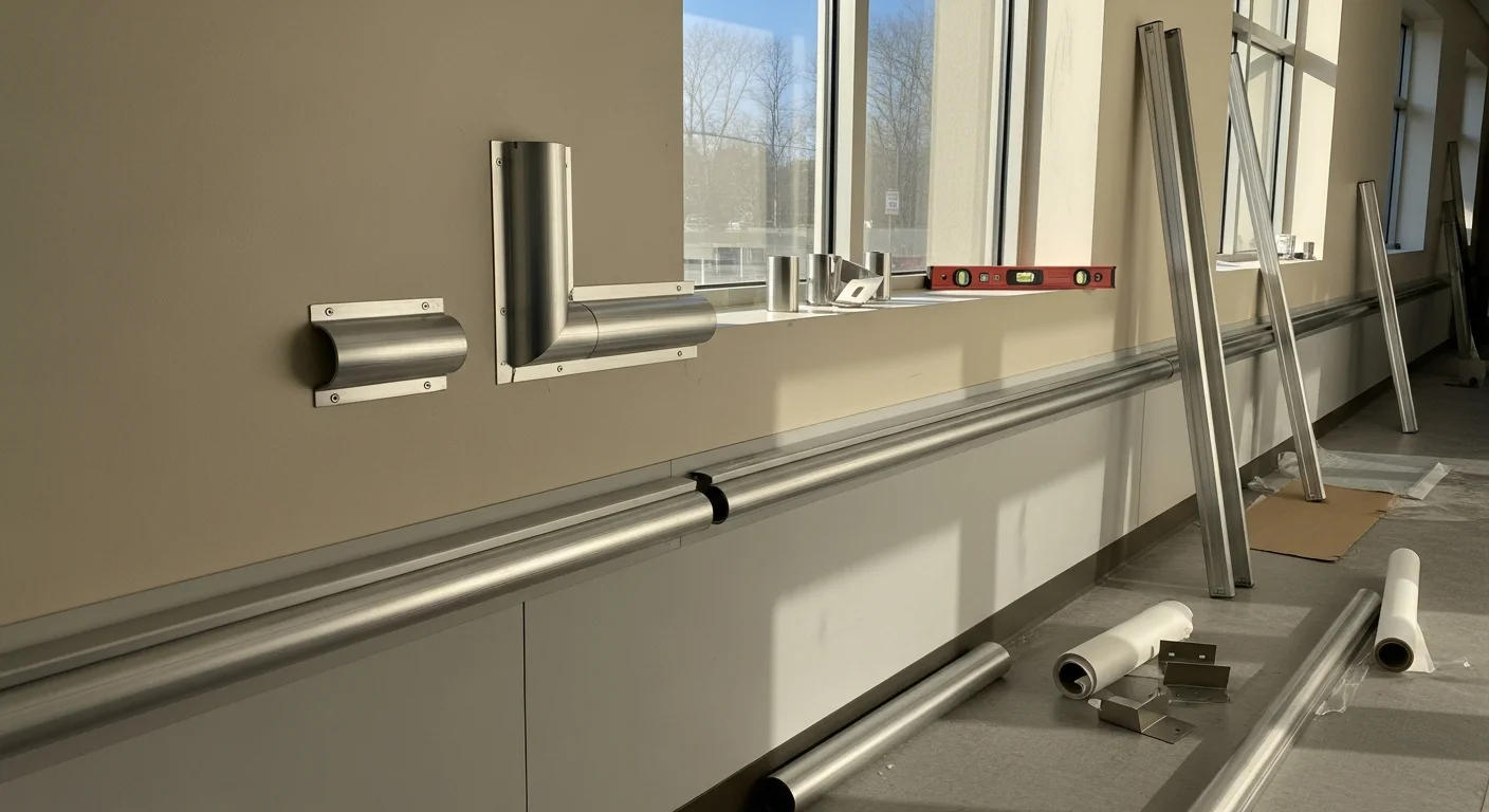 Installed corner guards and wall guards protecting interior corridors of a commercial building in Holbrook, NY. Close view shows impact-resistant panels covering high-traffic wall surfaces near a service corridor.