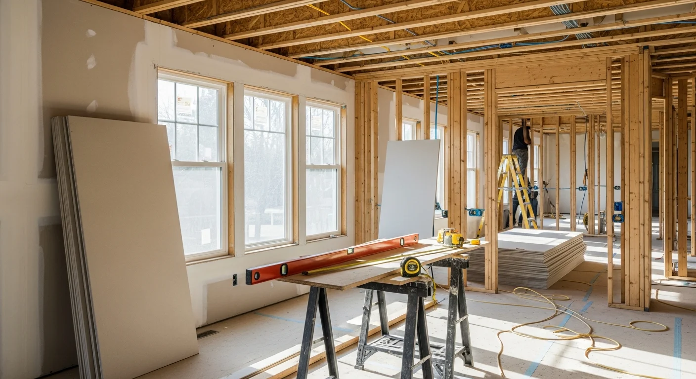 A fully renovated single-family home interior in Holbrook, NY showing an open-concept kitchen and living area with updated flooring, cabinetry, and recessed lighting. The space reflects a complete whole home renovation typical of mid-century Suffolk County homes brought to modern standards.