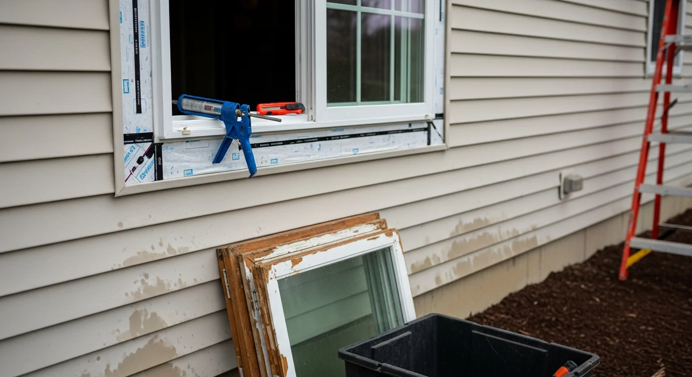 A Holbrook, New York home exterior showing newly installed replacement windows with clean trim and finished casing against vinyl siding. The windows are fully sealed with no visible gaps between the frame and the surrounding exterior wall.